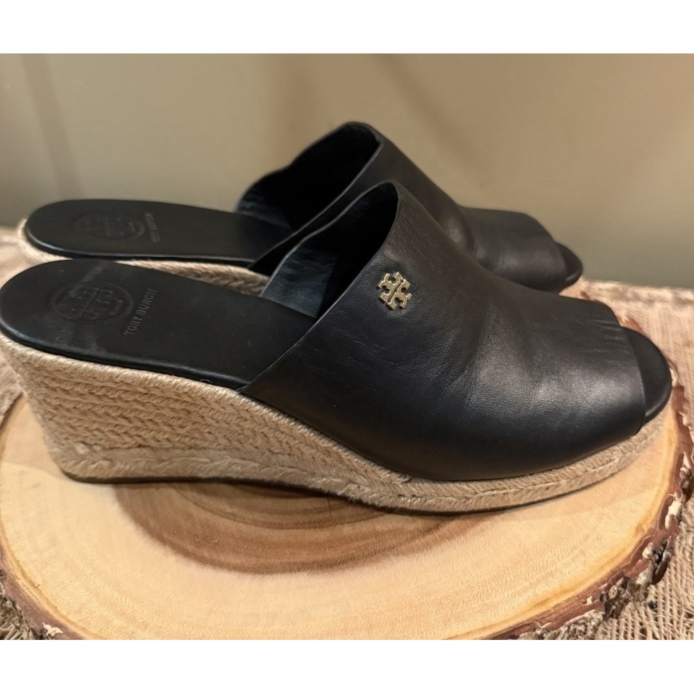TORY BURCH Landon Espadrille Black Leather Wedge Sandals Shoes Size 8M $295